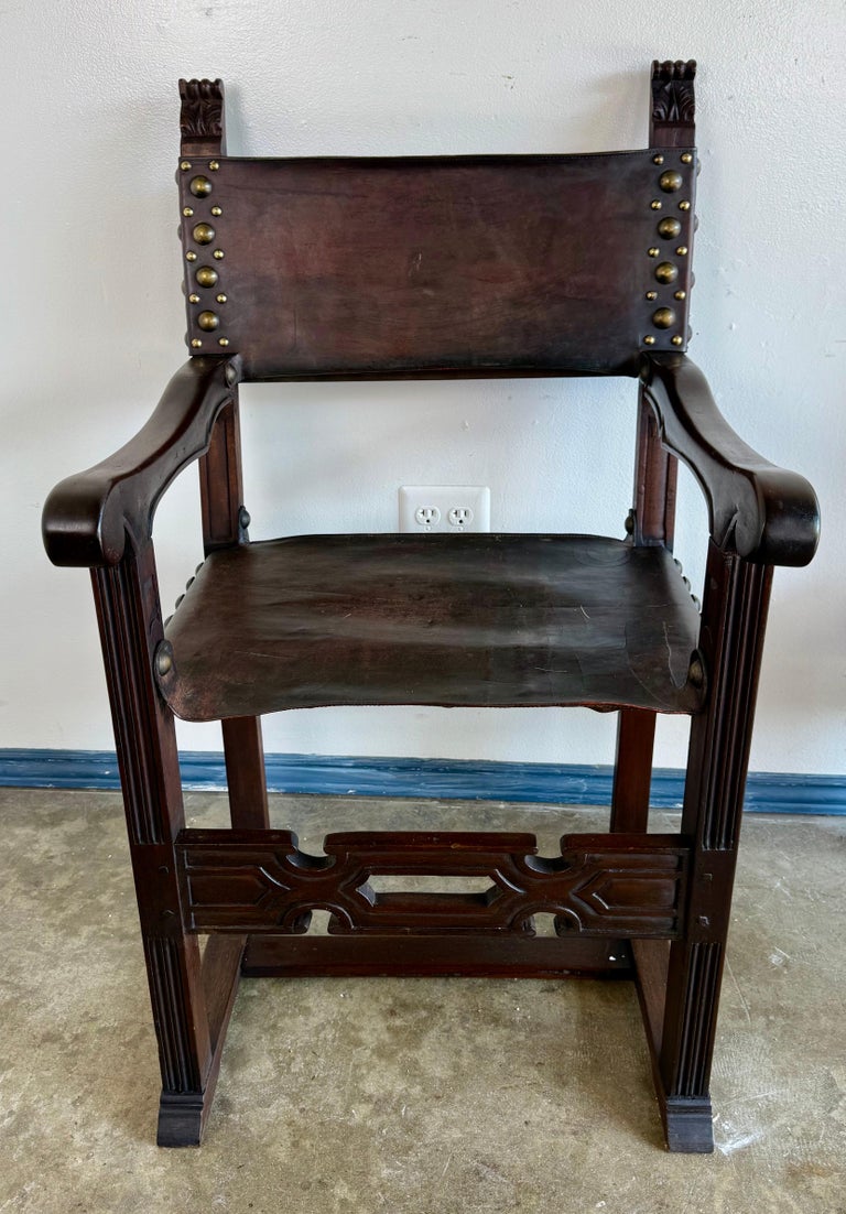 Set of Ten Spanish Revival Leather Dining Chairs, circa 1920s