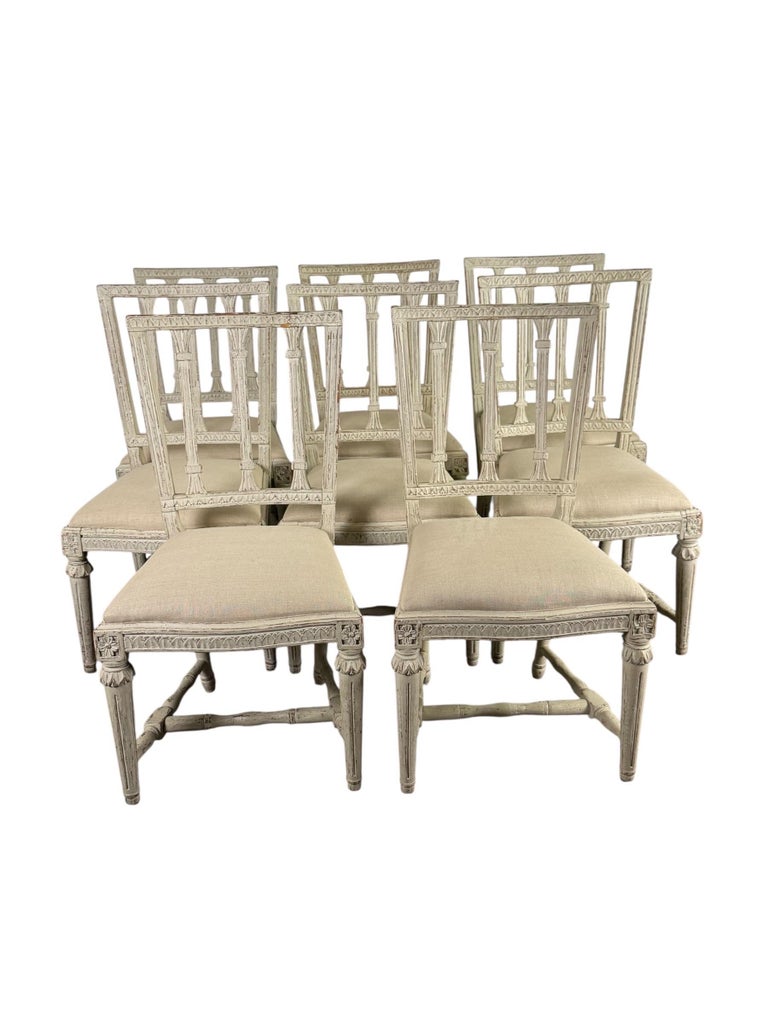 Set of Eight Swedish Gustavian Style Dining Chairs, 19th Century