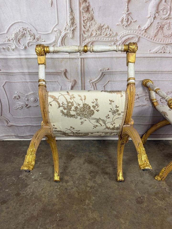 Pair of Italian Neoclassical Curule Stools w/ Fortuny Upholstery