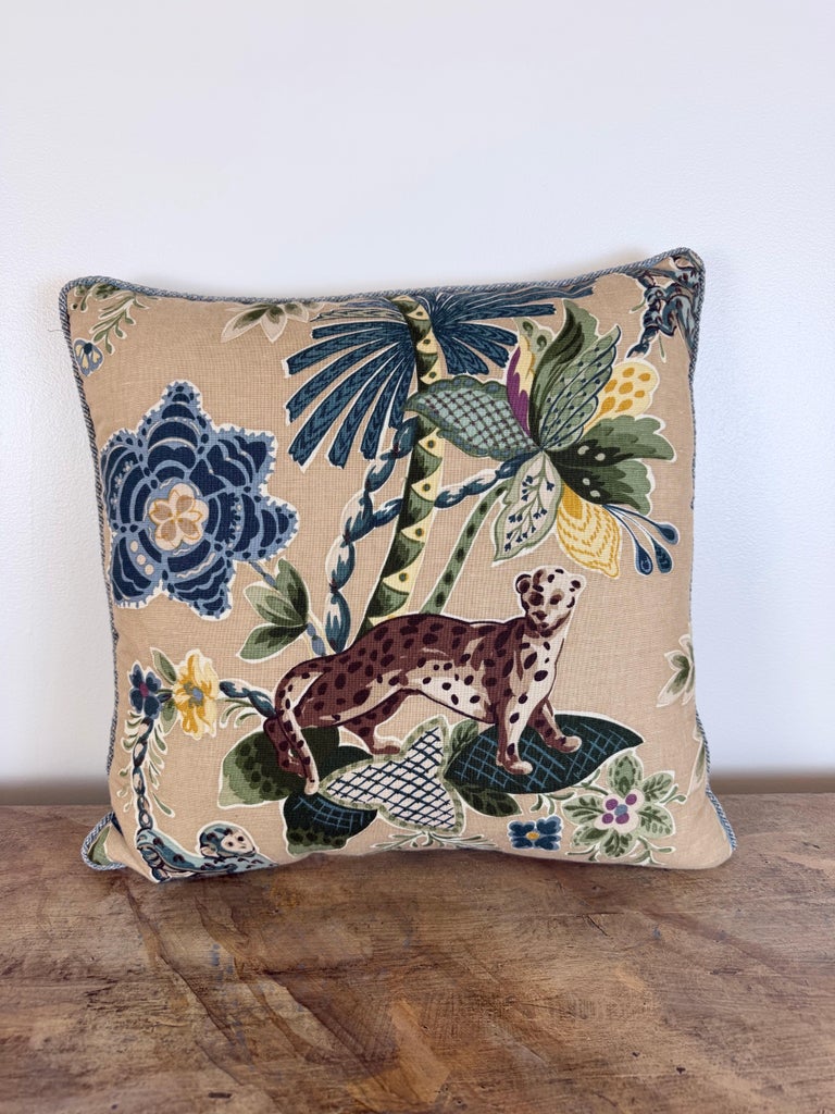 Designer Linen Throw Pillow in Exotic “Braganza” Jungle Print with Leopard Motif
