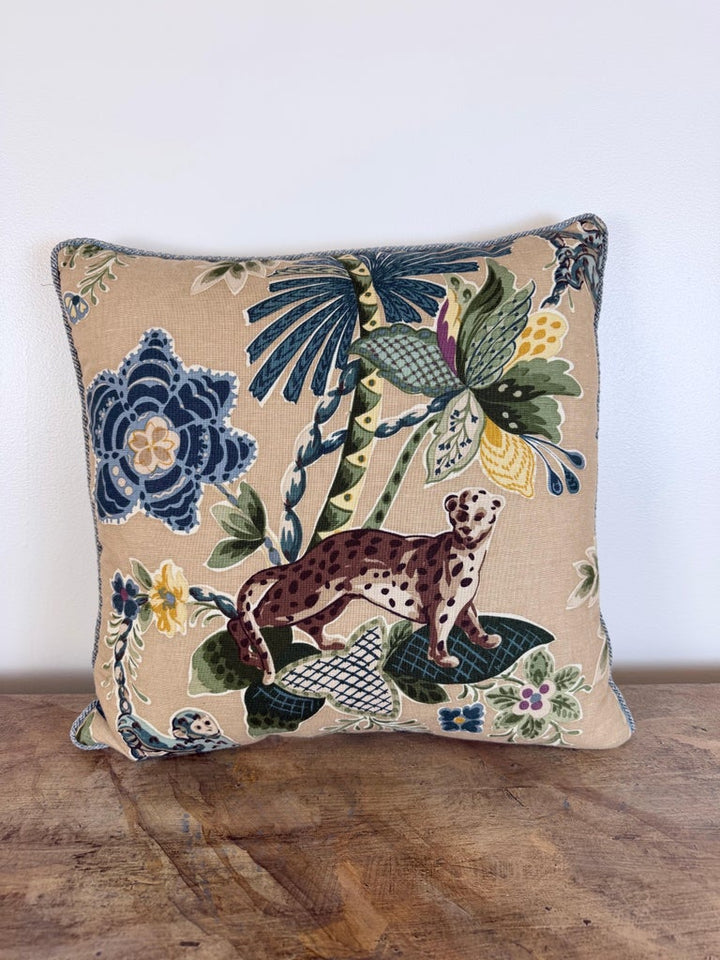 Designer Linen Throw Pillow in Exotic “Braganza” Jungle Print with Leopard Motif