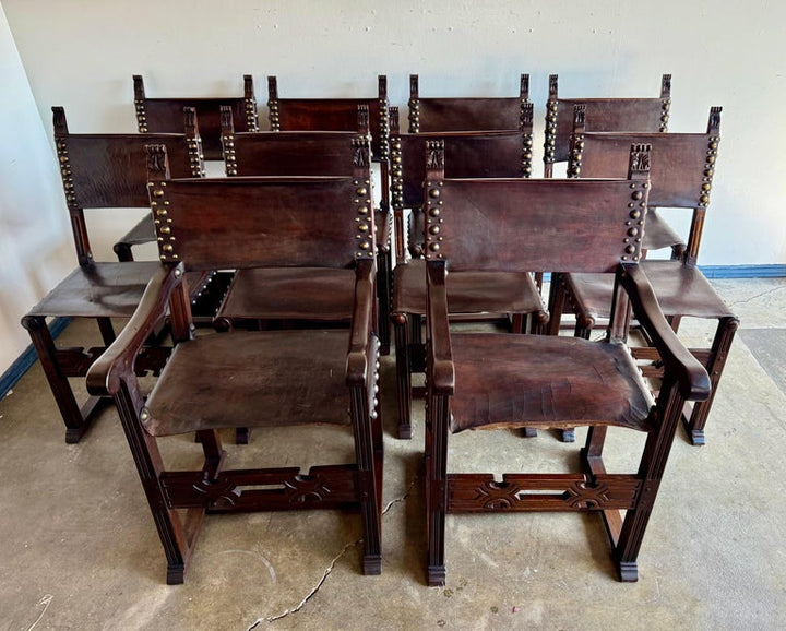 Set of Ten Spanish Revival Leather Dining Chairs, circa 1920s