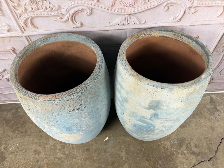 Pair of Large Atelier Vierkant Style Planters - Ocean Blue Patina Barrel Pots