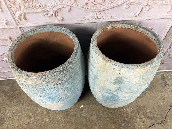 Pair of Large Atelier Vierkant Style Planters - Ocean Blue Patina Barrel Pots