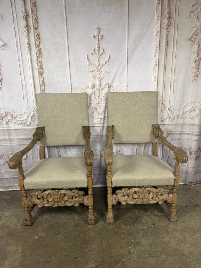 Pair of Exceptional Spanish Baroque Throne Armchairs with Hand-Carved Lion Heads