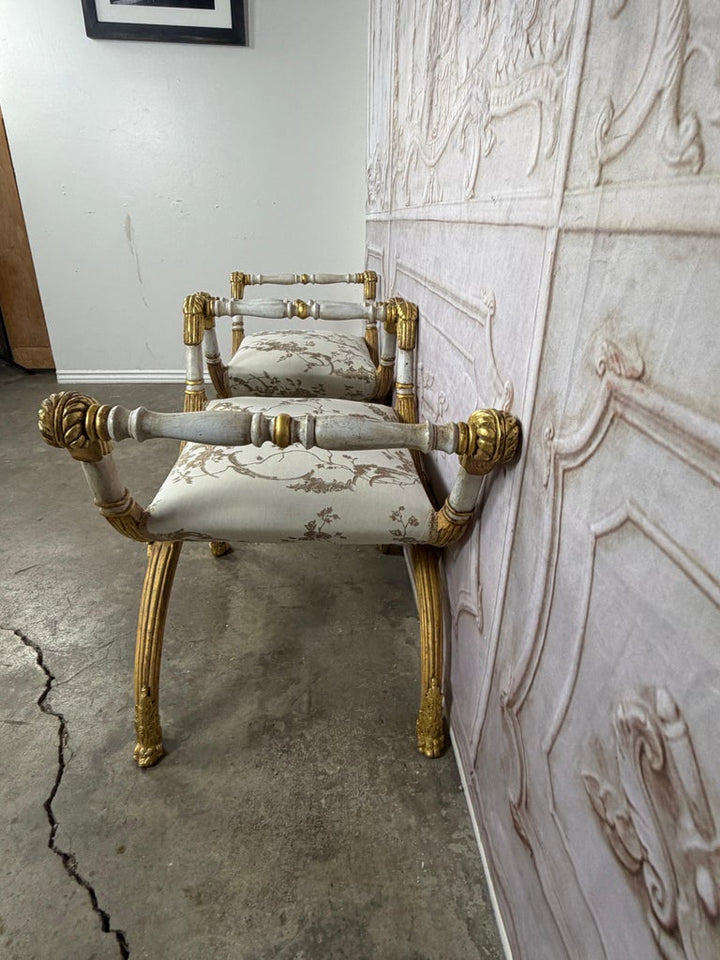Pair of Italian Neoclassical Curule Stools w/ Fortuny Upholstery