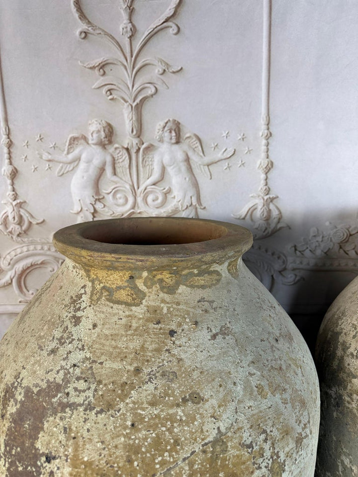 Pair of Monumental Terracotta Olive Jars with Weathered Patina