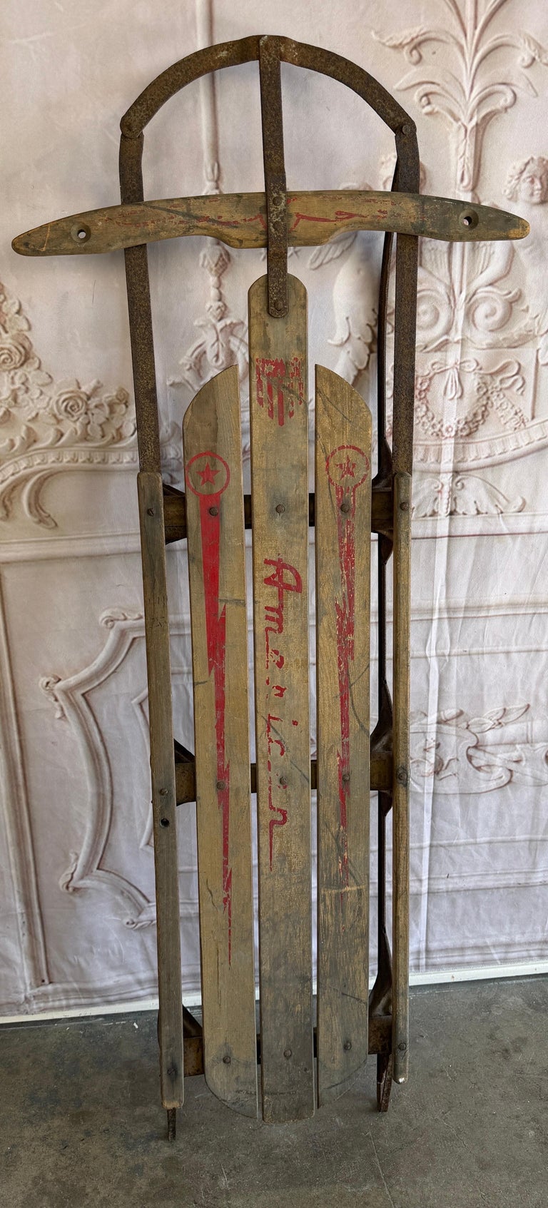 Antique American Wooden Sled with Original Red Graphics