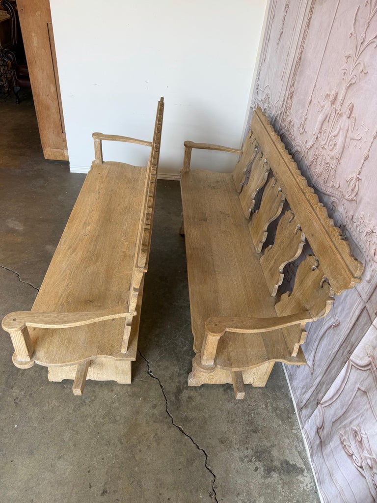 Rustic Hand-Carved Oak Benches, Pair, Folk Art / Spanish Colonial Style