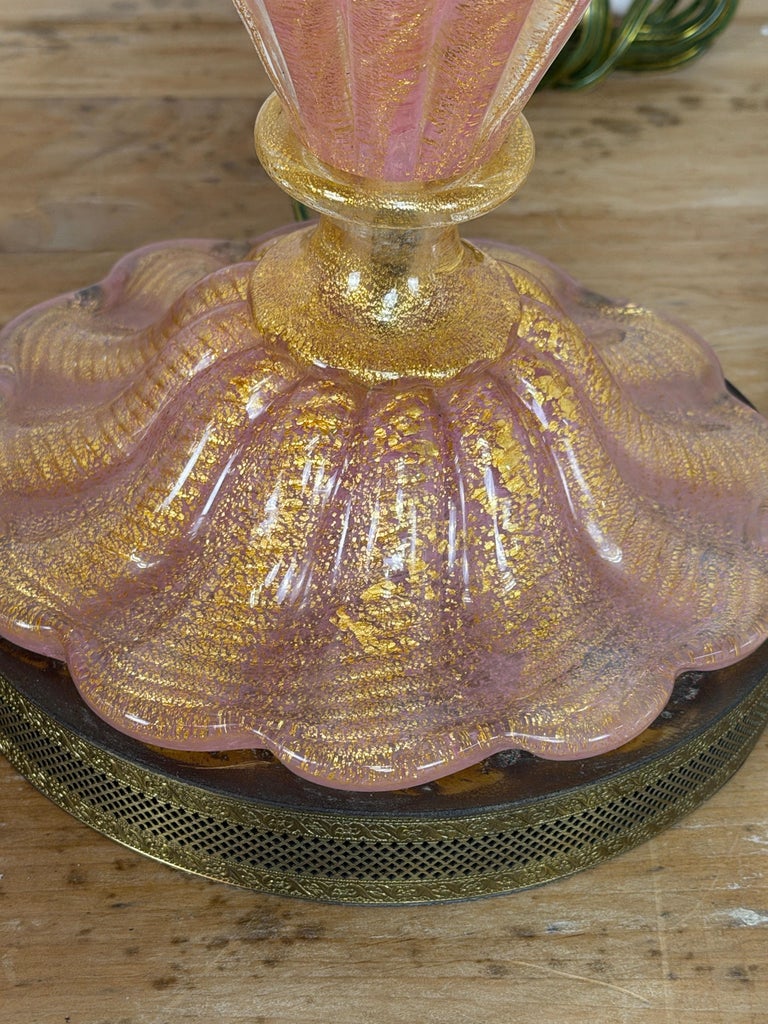 Pair of Murano Pink and Gold Glass Table Lamps w/ Coordinating Parchment Shades