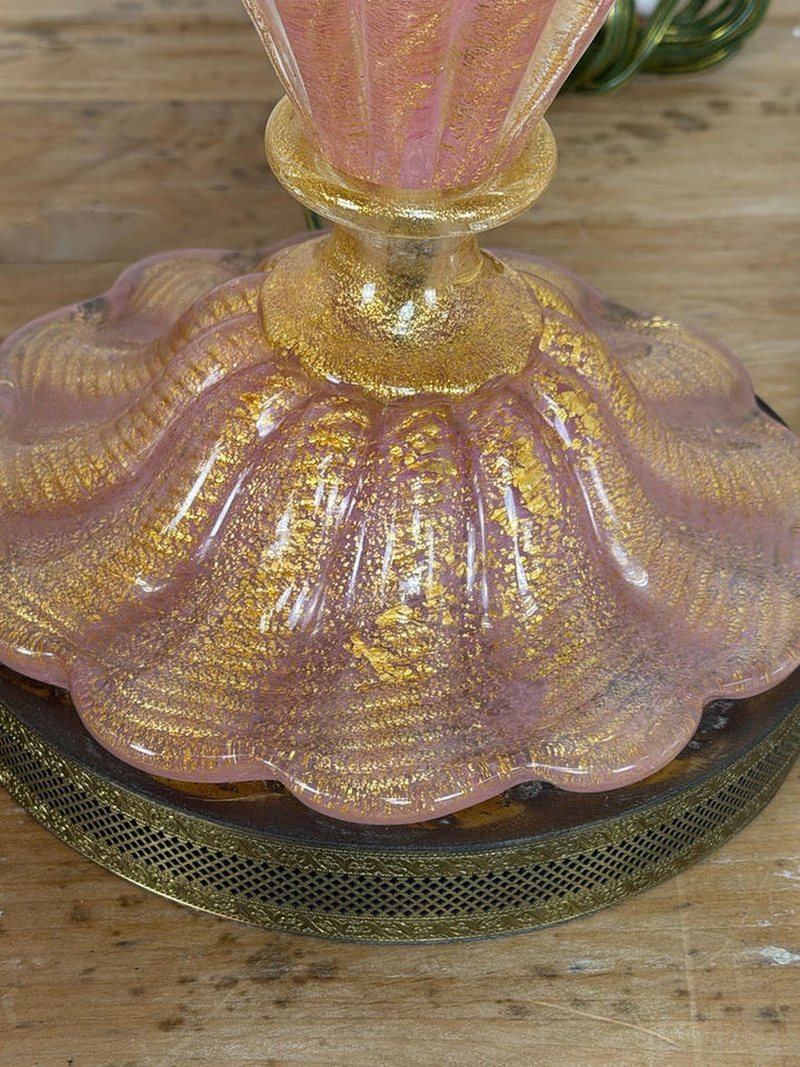Pair of Murano Pink and Gold Glass Table Lamps w/ Coordinating Parchment Shades