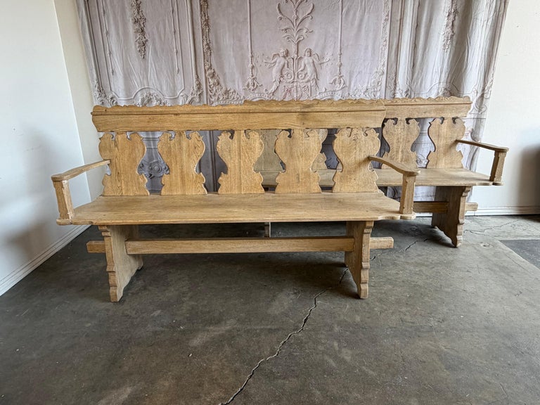 Rustic Hand-Carved Oak Benches, Pair, Folk Art / Spanish Colonial Style