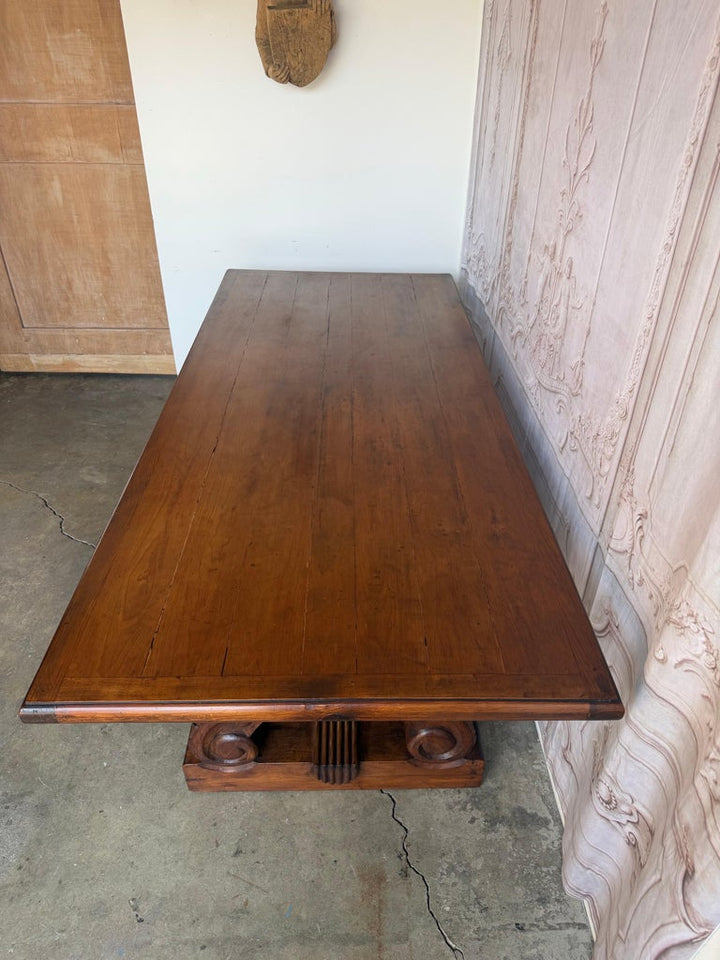 Spanish Colonial Revival Walnut Dining Table with Hand-Carved Scrollo