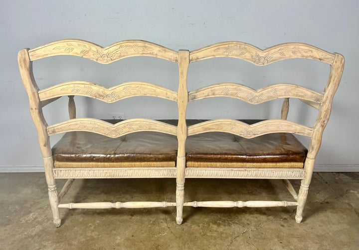 French Provincial Style Bench w/ Rush Seat & Leather Cushion