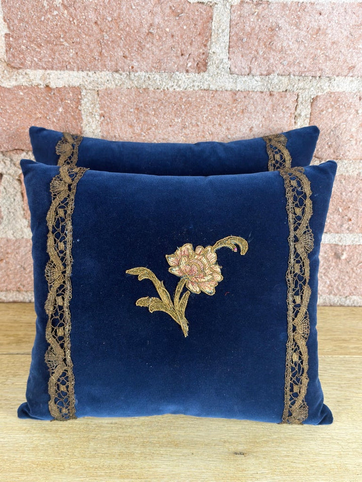 Pair of French Sapphire Velvet Pillows with 19th Century Gold Metallic Appliques