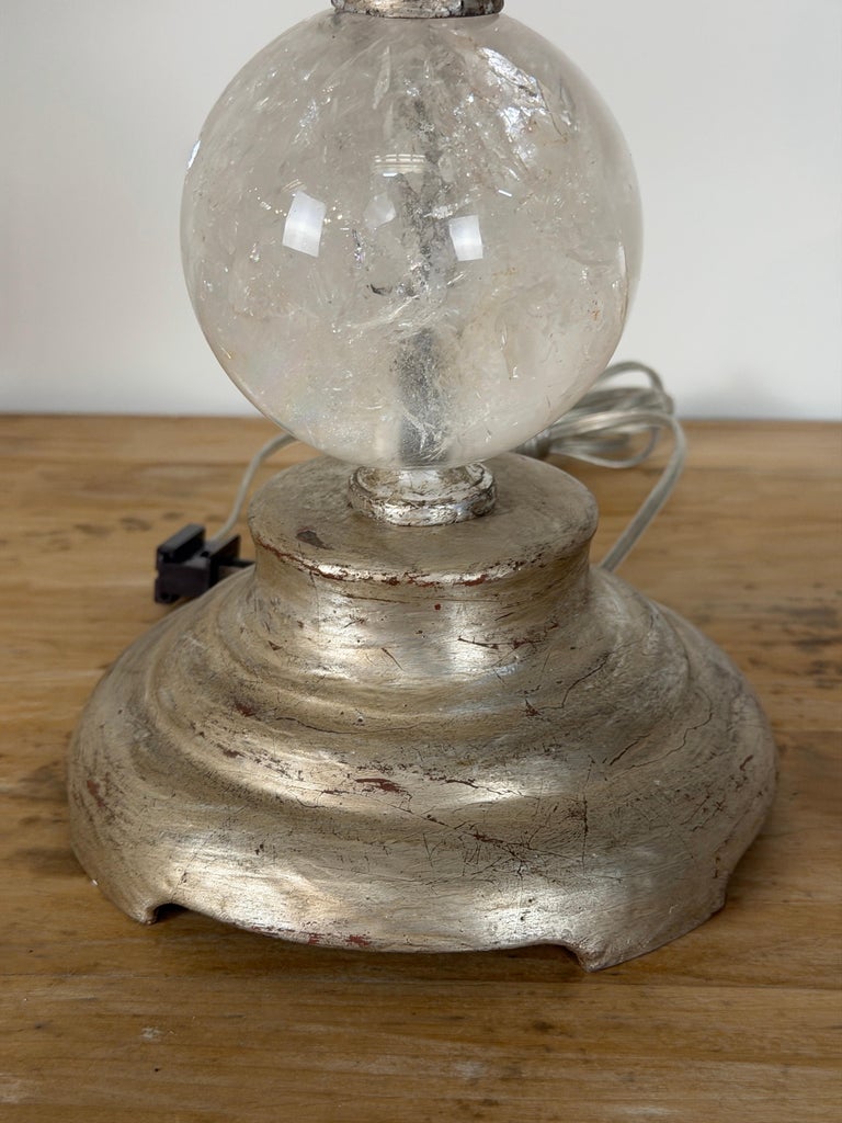 Pair of Hollywood Regency Rock Crystal Stacked Orb Table Lamps - Silver Leaf