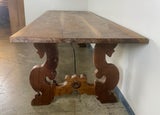Handcrafted Solid Wood Trestle Dining Table with Wrought Iron Stretcher
