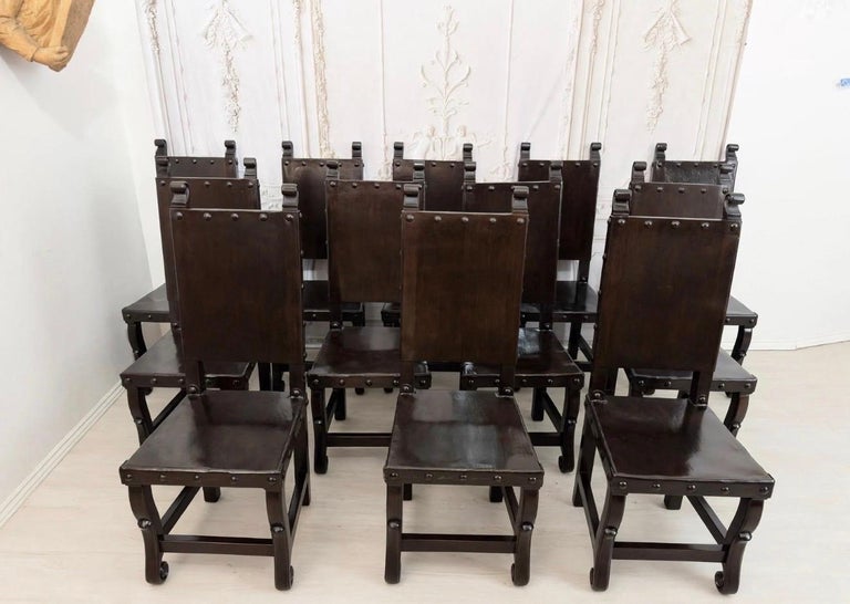 Set of 12 Monumental Spanish Colonial Revival Leather Dining Chairs
