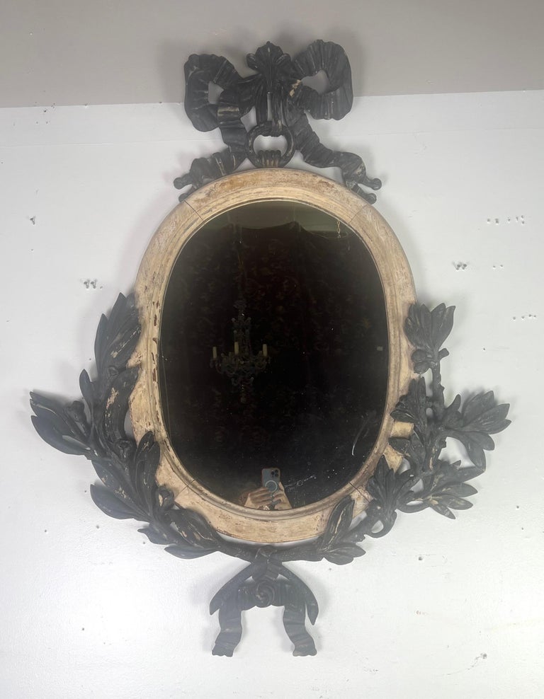 French Painted Oval Shaped Mirror w/ Ribbon & Leaves C. 1900