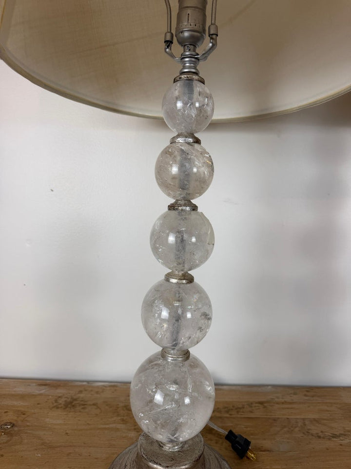 Pair of Hollywood Regency Rock Crystal Stacked Orb Table Lamps - Silver Leaf