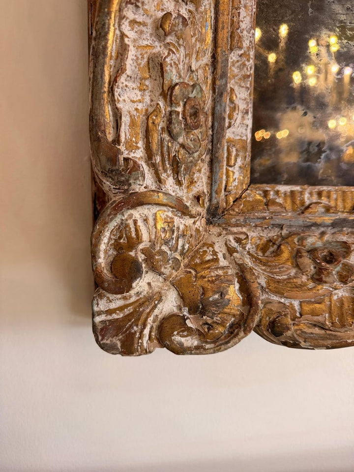 19th Century Spanish Baroque Carved Giltwood Mirror with Original Mercury Glass
