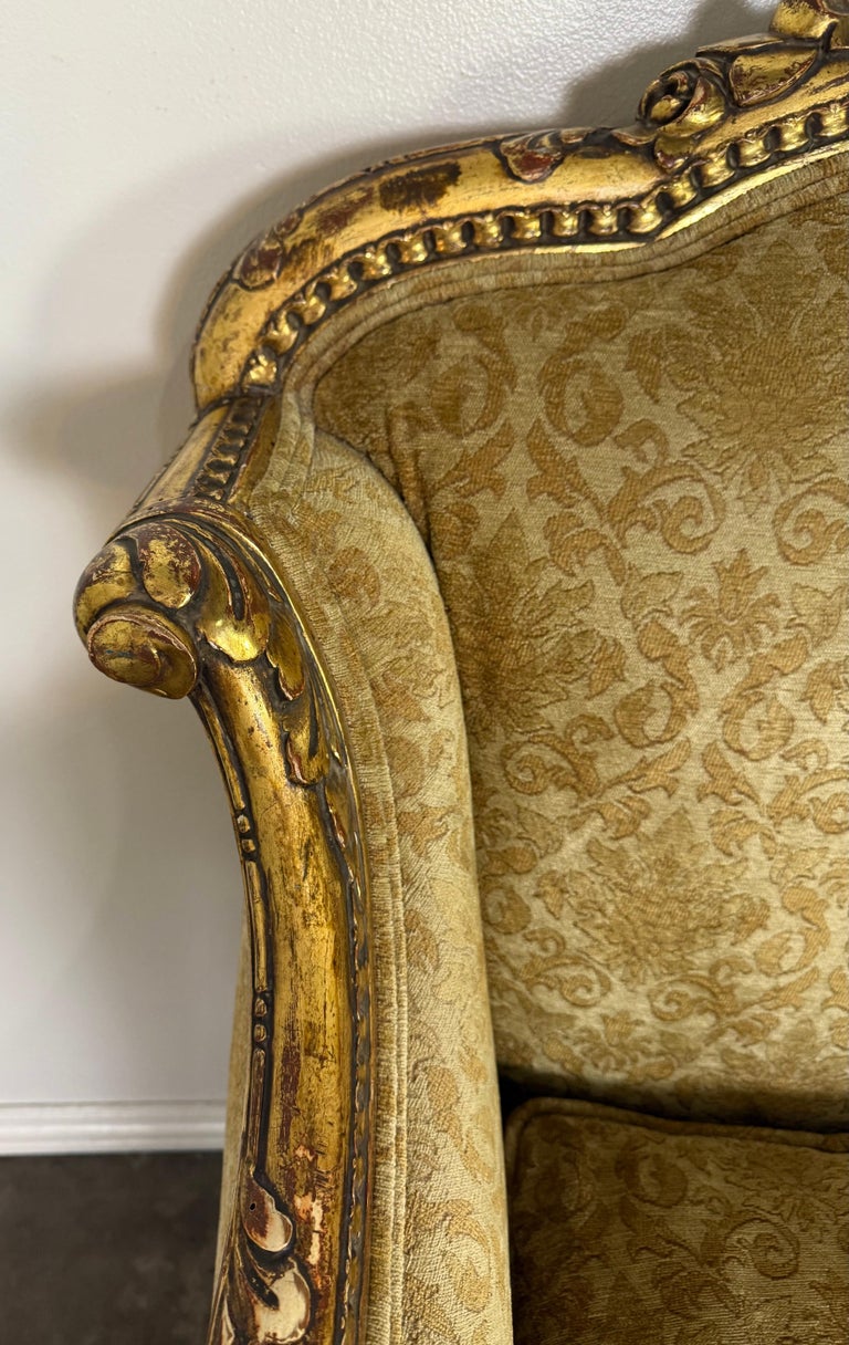 Pair of Italian Giltwood Armchairs with Damask Upholstery