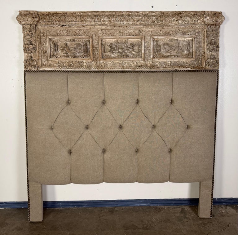 Italian Carved Linen Headboard w/ Antique Panel