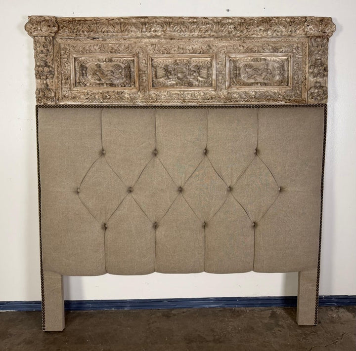 Italian Carved Linen Headboard w/ Antique Panel