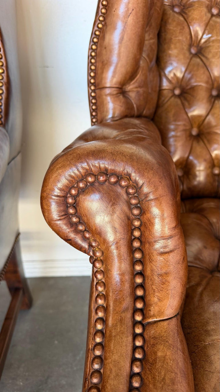 Georgian Wingback Armchairs, Leather Upholstery, Circa 1940s