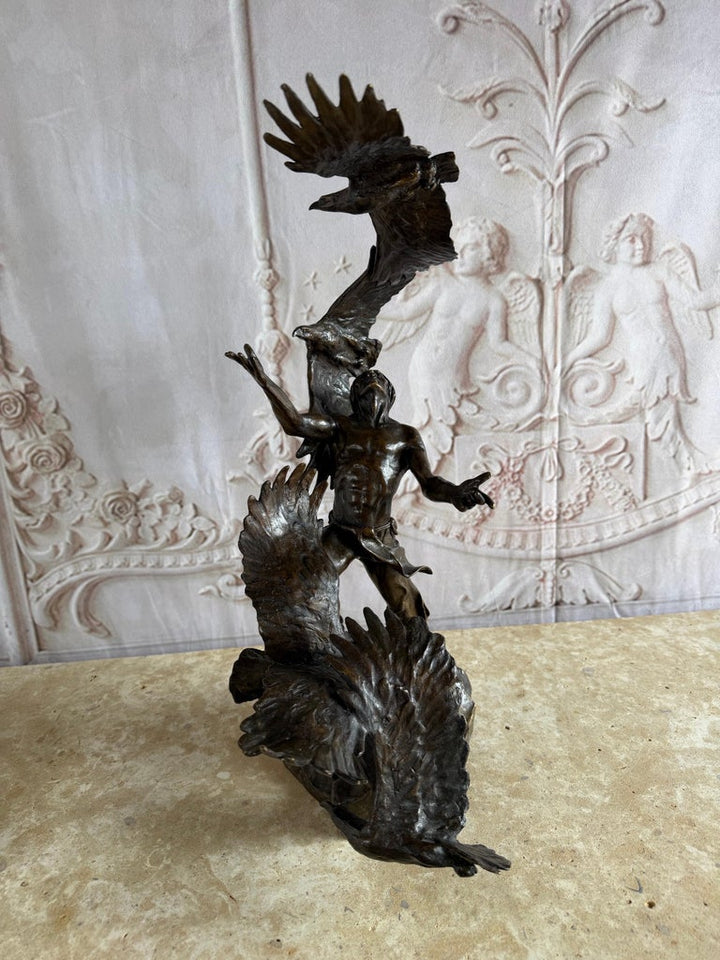 Monumental Bronze Sculpture of Native Warrior and Eagles, Dynamic Art