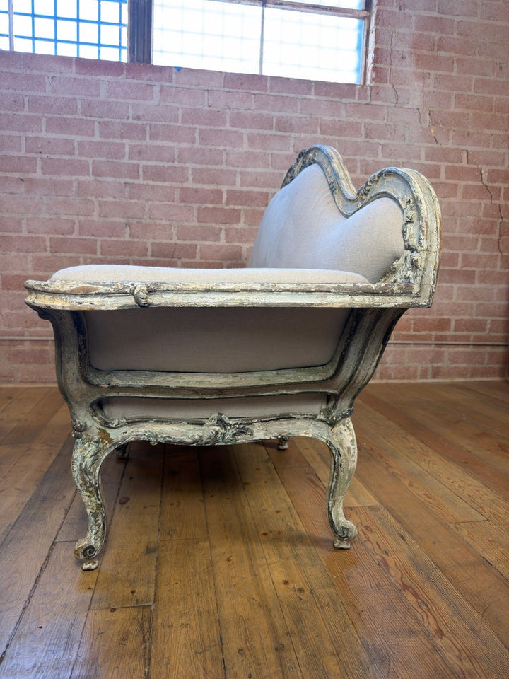 French Louis XV Corbeille Settee with Original Distressed Patina and Shell Crest