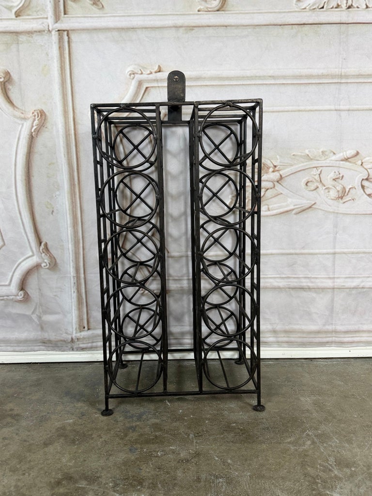 Vintage Black Iron 10-Bottle Wine Rack with Geometric Design