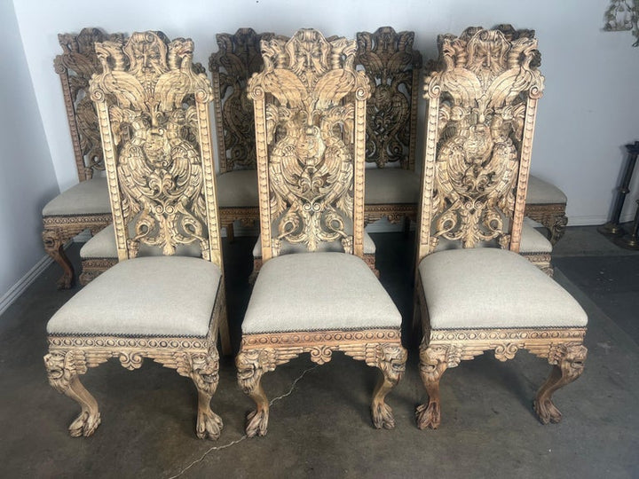 Set of Ten Gothic Style  Carved English Dining Chairs