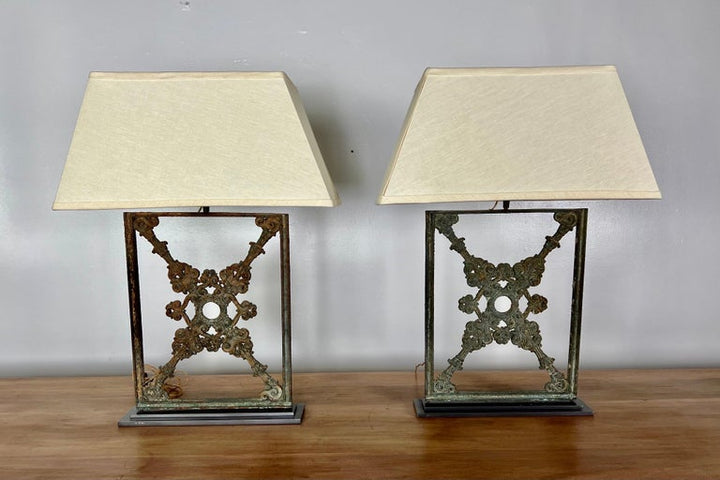 Pair of Wrought Iron Lamps with Linen Shades