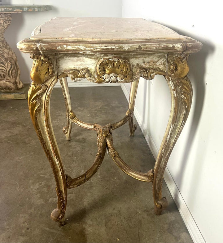 19th C. French Painted & Parcel Gilt Table w/ Marble Top