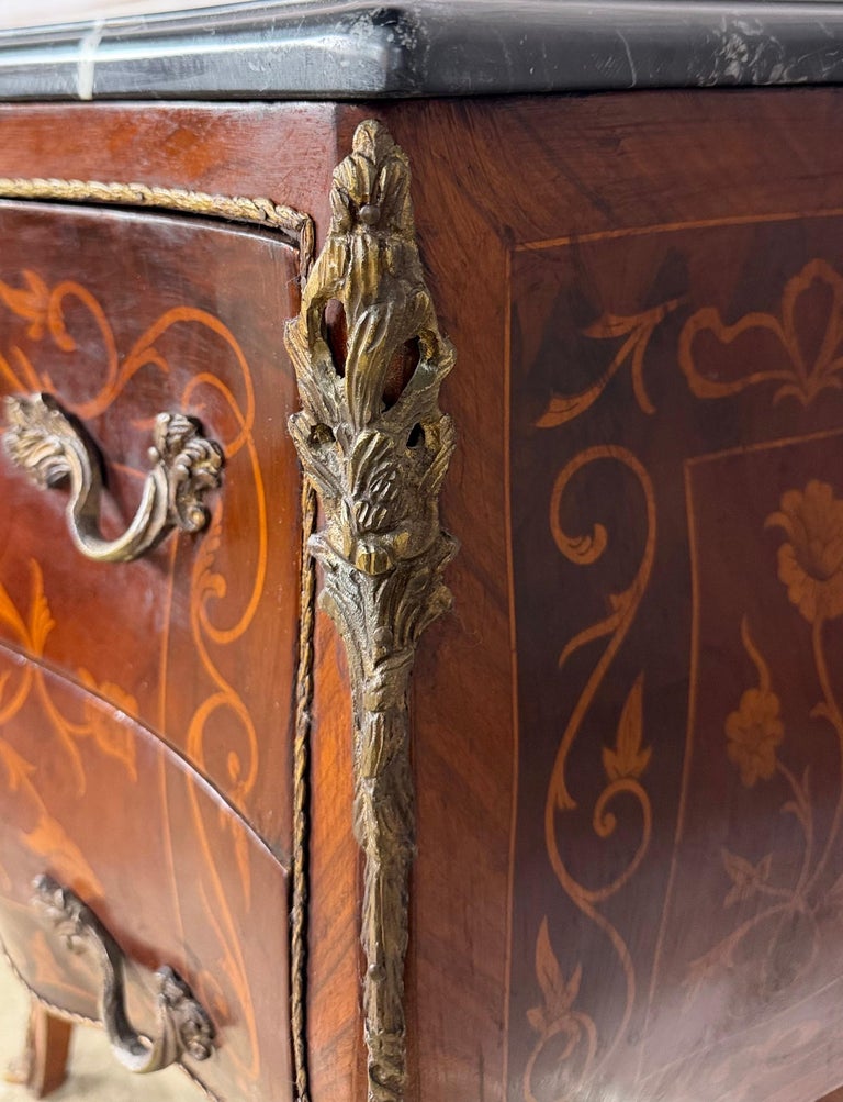 Pair of French Louis XV Style Bombe Nightstands - with Marble Tops