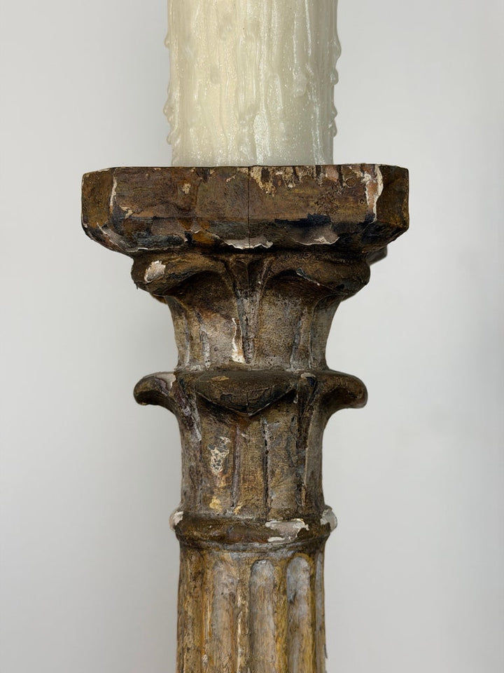 Pair of Italian Neoclassical Corinthian Column Table Lamps Distressed Giltwood