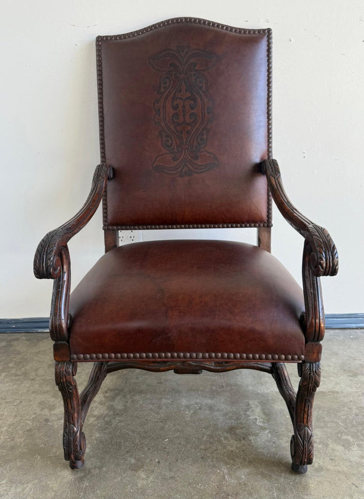 Set of Eight Spanish Revival Leather and Carved Walnut Dining Chairs