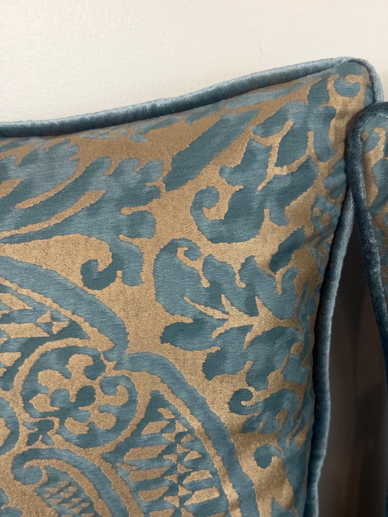 Authentic Fortuny Aquamarine Velvet &amp; Gold Pillows, Italy, 21st Century