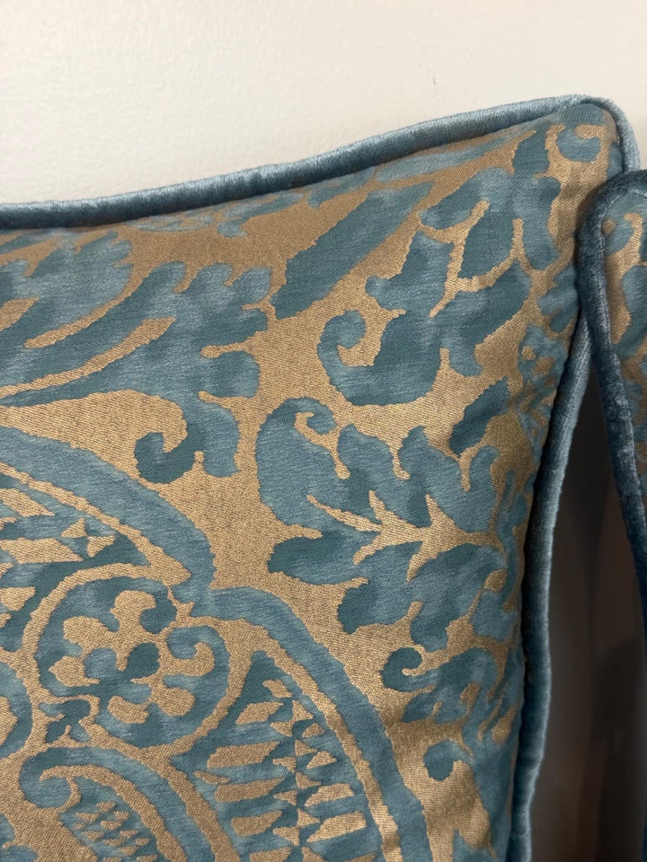 Authentic Fortuny Aquamarine Velvet &amp; Gold Pillows, Italy, 21st Century