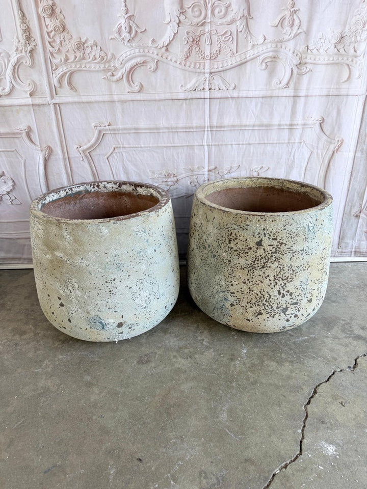 Pair of Large 20th Century Pitted Limestone-Finish Terra Cotta Planters