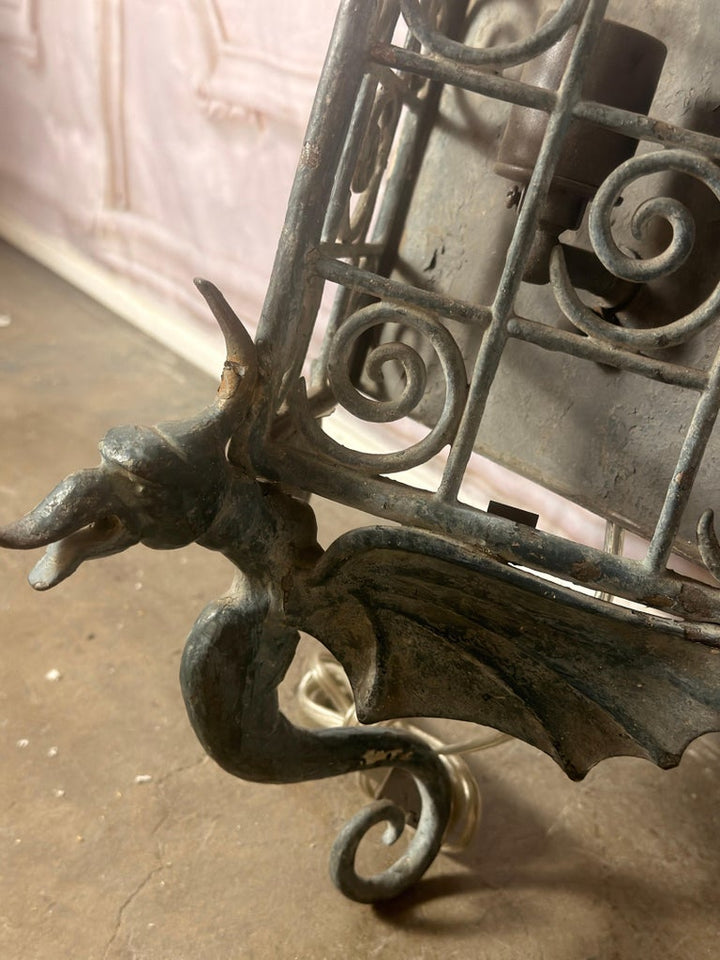 Pair of Gothic Revival Metal Iron Dragon Sconces
