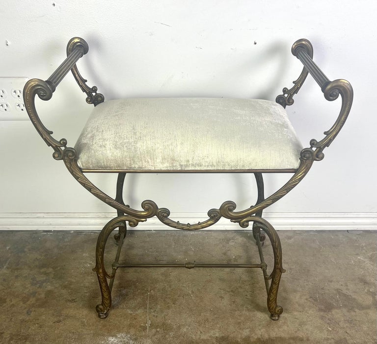 Brass Scrolled Velvet Upholstered Vanity Bench