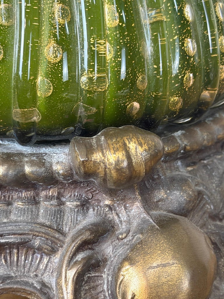 Pair of Vintage Murano Glass Table Lamps - Barovier &amp; Toso Style Olive Green