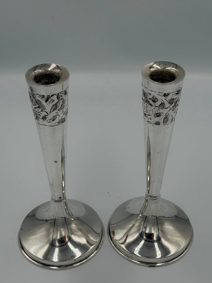 Pair of Art Nouveau Sterling Silver Candlesticks with Floral Relief Decoration