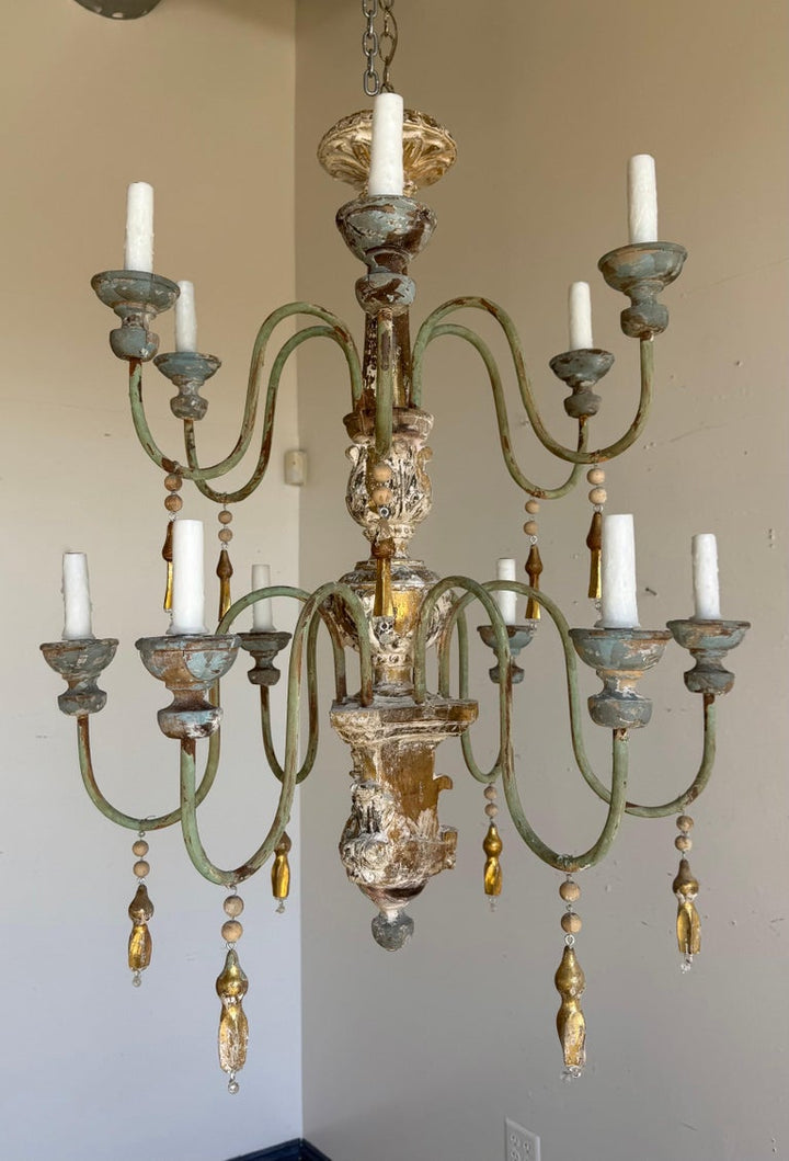 Grand Italian Painted and Giltwood Twelve-Light Chandelier