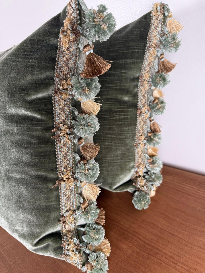 Pair of Custom Velvet Pillows with 19th-Century French Gold-Thread Appliqués