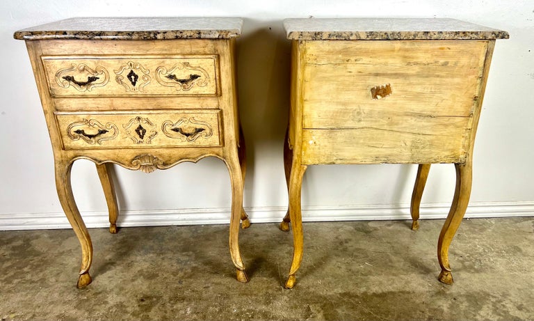 Pair of French End Table w/ Drawers and Granite Tops C. 1930's