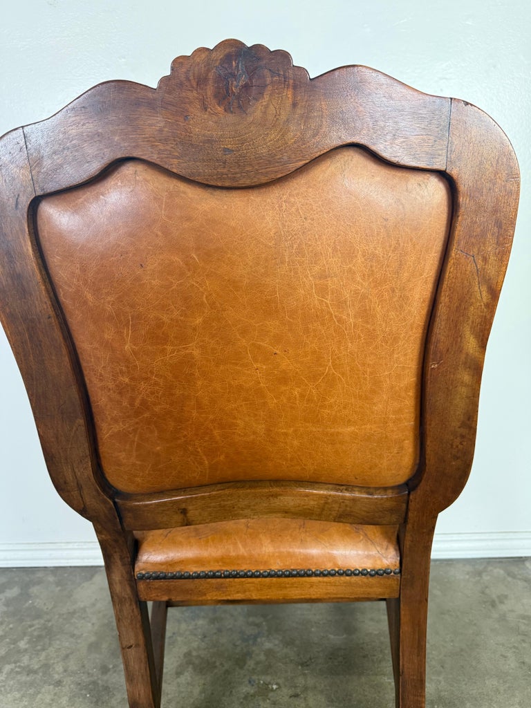 Set of Eight French Carved Wood Dining Chairs with Leather Upholstery