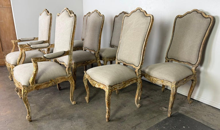 Set of Eight 18th-Century Style French Louis XV Carved & Giltwood Dining Chairs
